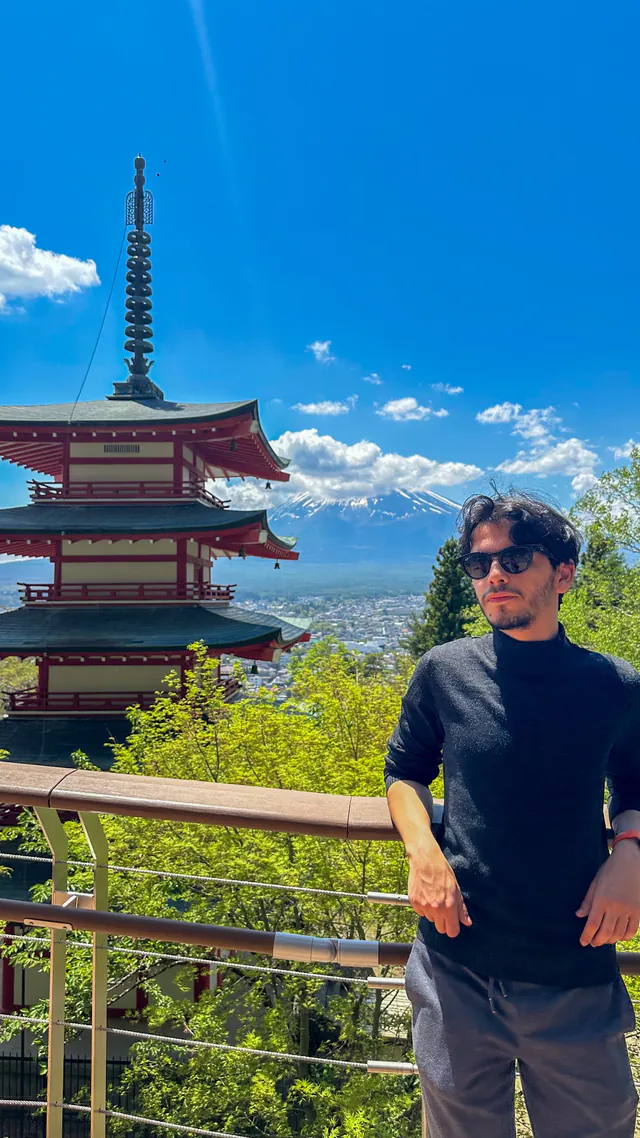Ramy with a pagoda and Mount Fuji in Japan