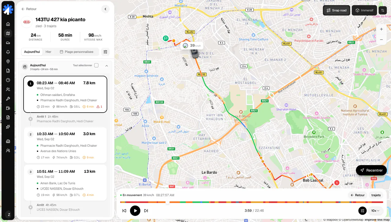 Compass fleet management trip history and live map interface
