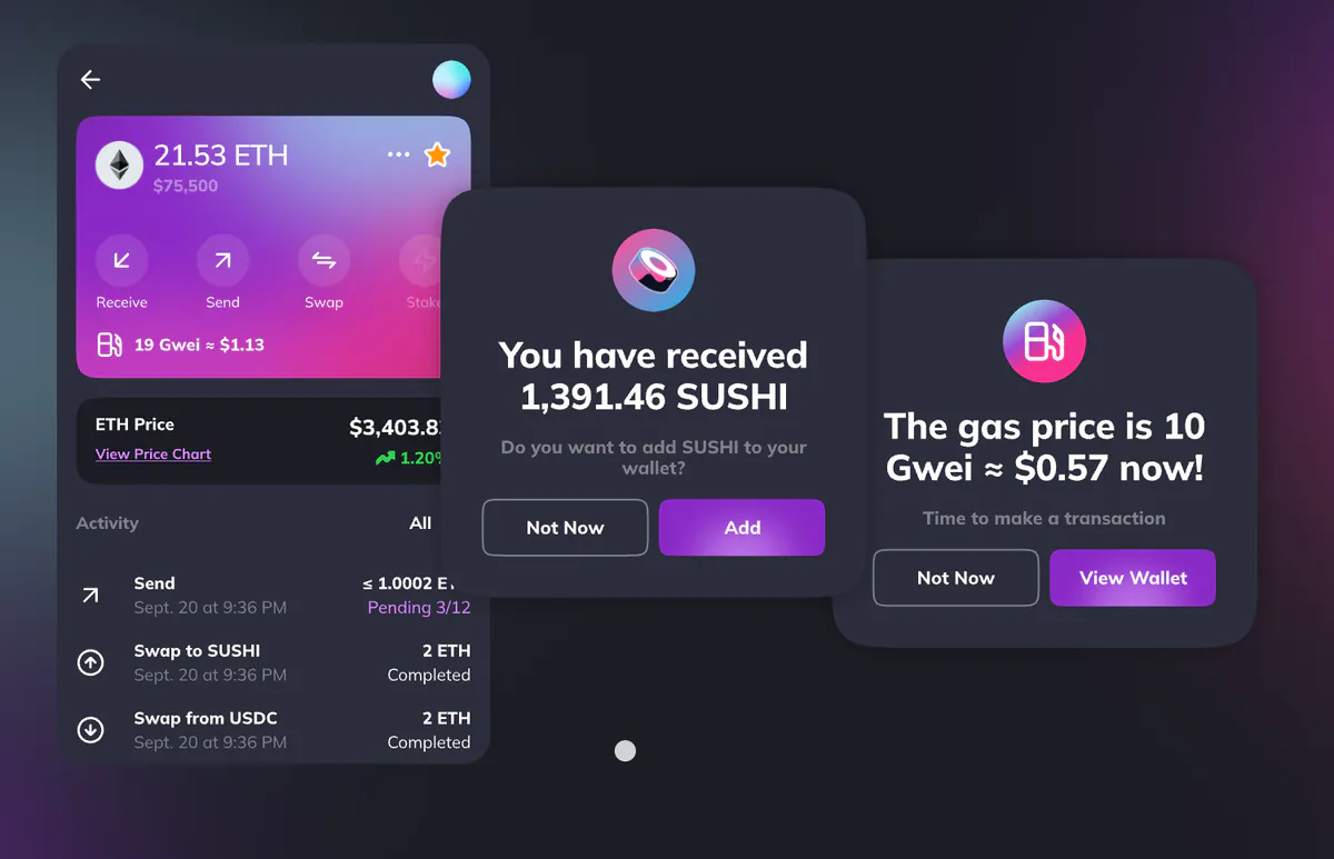 StarKey wallet interface with transaction and gas-price notifications